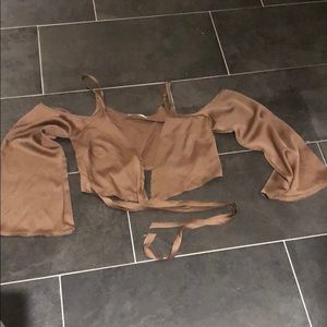 Tan nude silk tie front crop